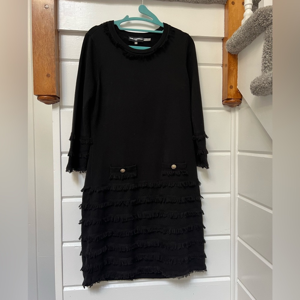 Karl Lagerfeld Fringe Trimmed Sweater Dress